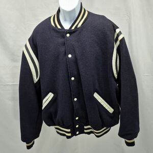 Vintage DeLong Varsity Letterman Jacket XL Navy Wool White Leather USA Made
